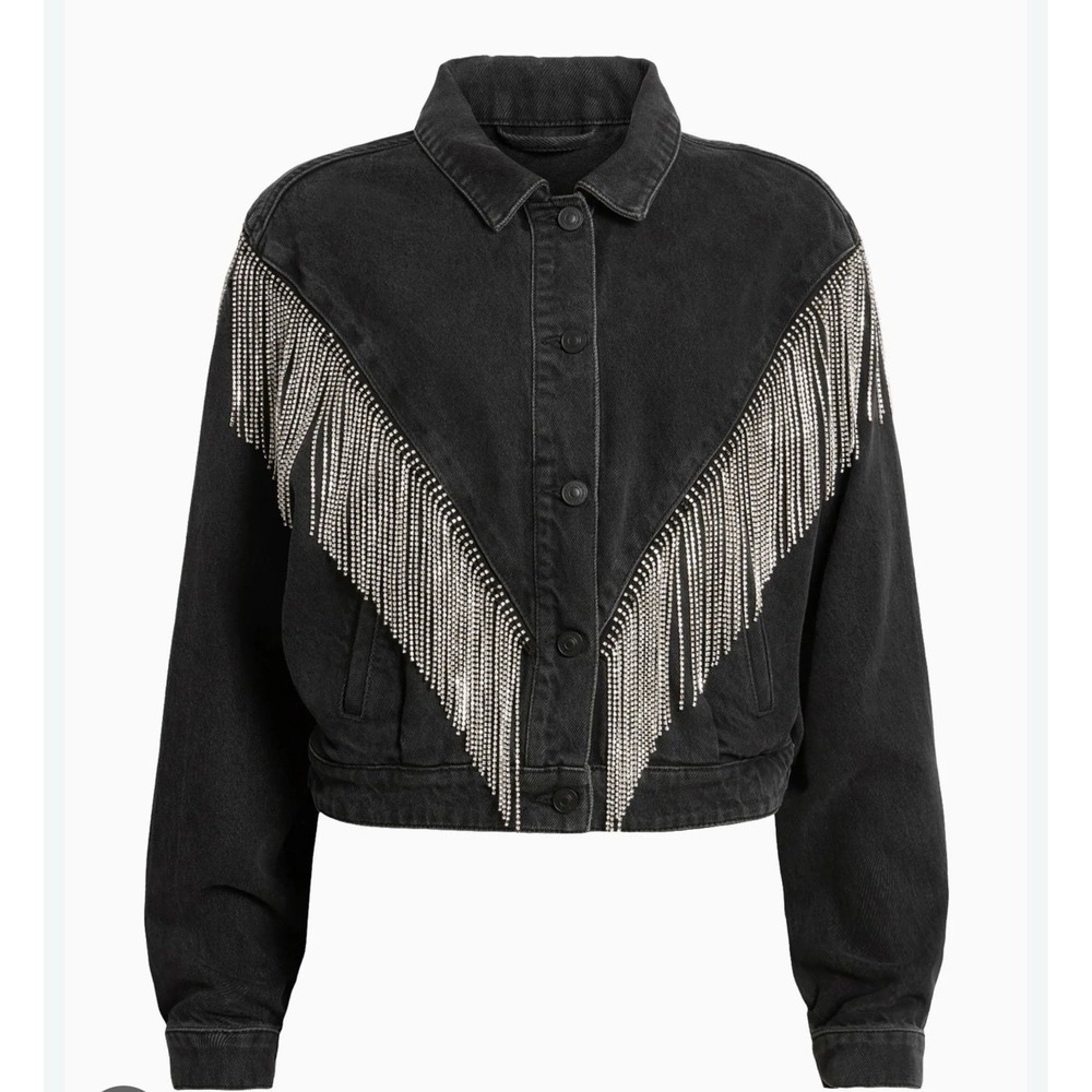 AllSaints Rhinestone Fringe Crop Black Denim Jacket Western Women's size 8 NWT